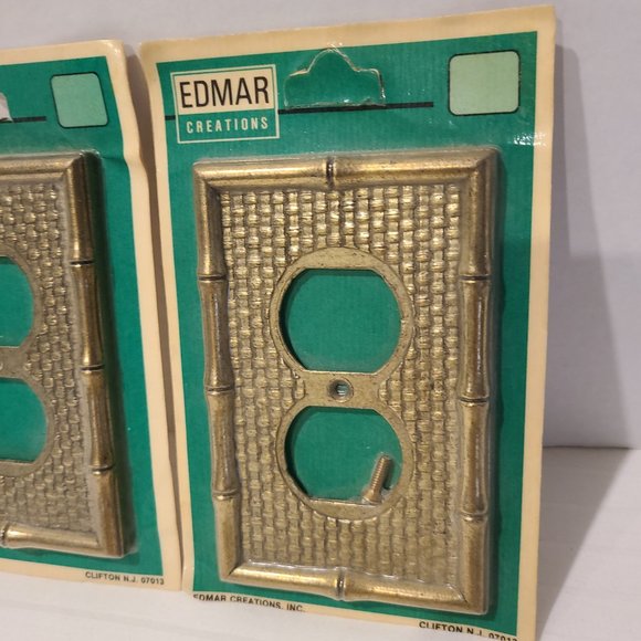 Vintage EDMAR Bamboo Weave Ornate Metal Single Gang Outlet Cover Wall Plate Set - Picture 2 of 7